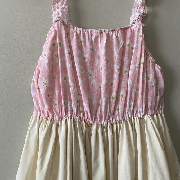 Handmade Plus Size Cotton Pink Cream Floral Elastic Straps Patch Pockets Dress - Picture 7 of 11